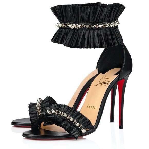 Christian Louboutin Shoes - Christian Louboutin Poupedou 100 Black Raffia Ankle Strap Sandal Heel Pump 36